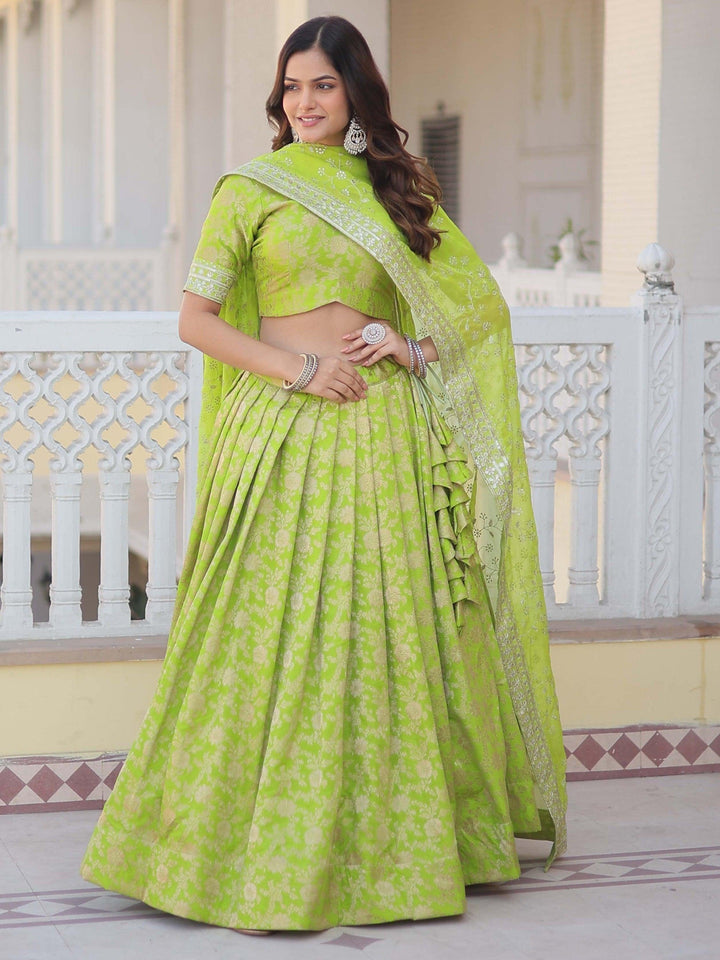 Green Jacquard Lehenga | Embroidered Choli and Sequined Dupatta