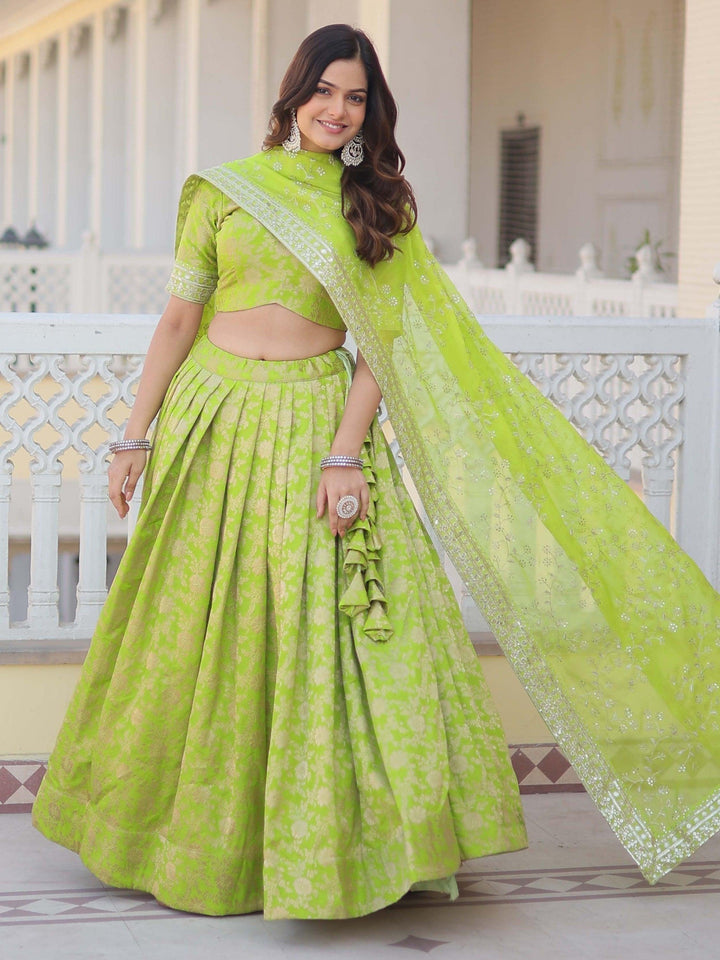 Green Jacquard Lehenga | Embroidered Choli and Sequined Dupatta