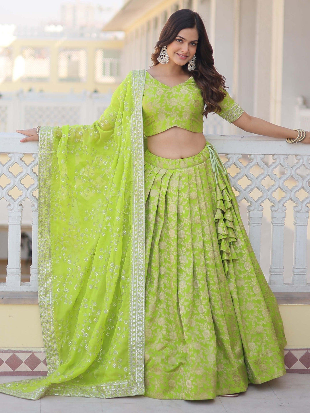 Green Jacquard Lehenga | Embroidered Choli and Sequined Dupatta