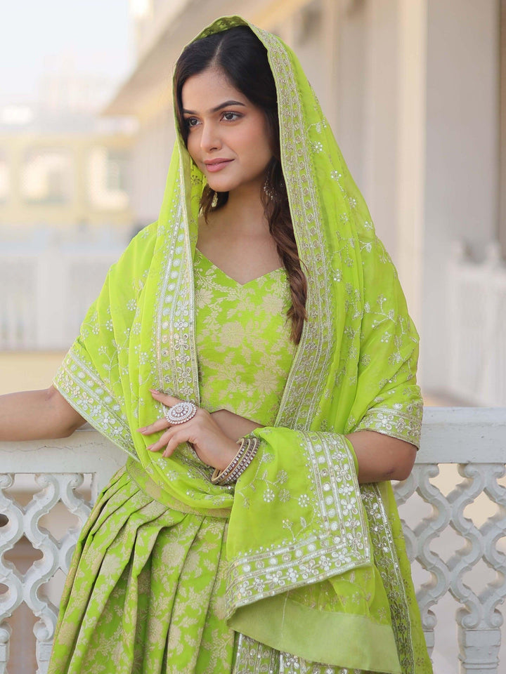 Green Jacquard Lehenga | Embroidered Choli and Sequined Dupatta