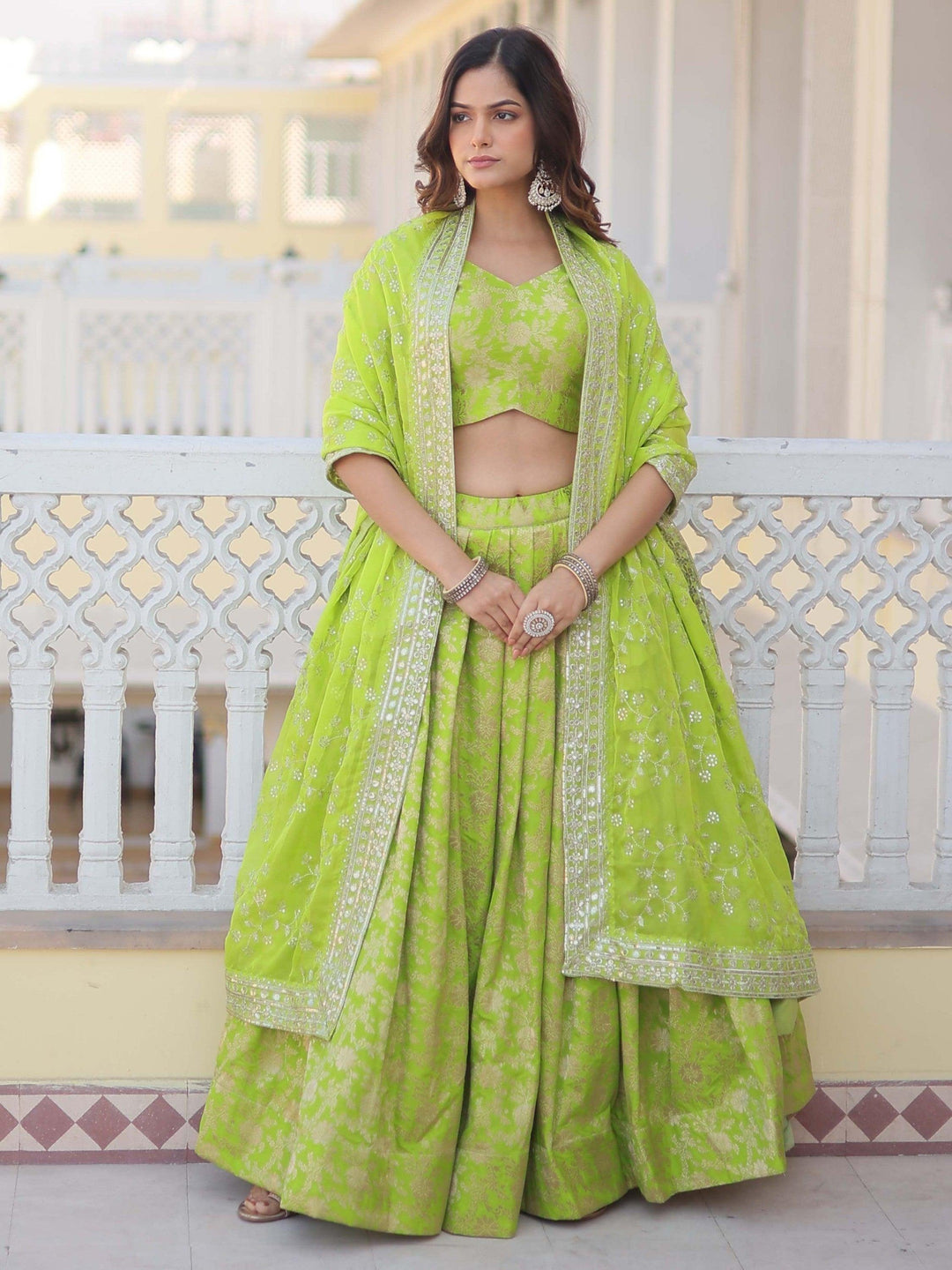 Green Jacquard Lehenga | Embroidered Choli and Sequined Dupatta