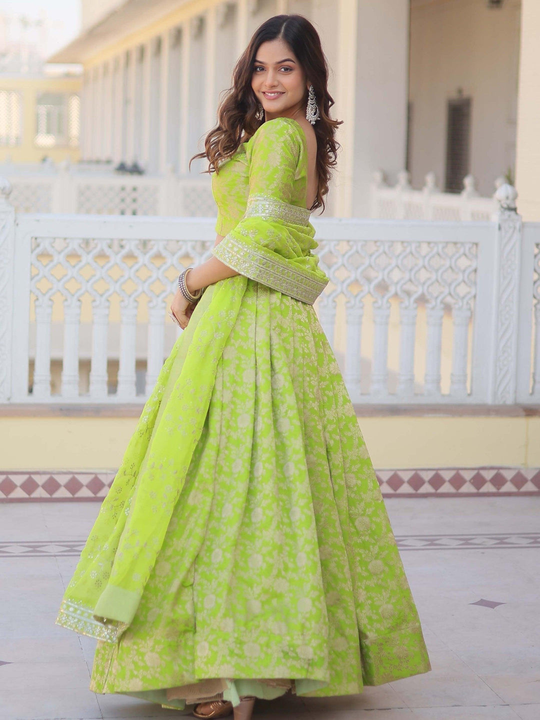 Green Jacquard Lehenga | Embroidered Choli and Sequined Dupatta