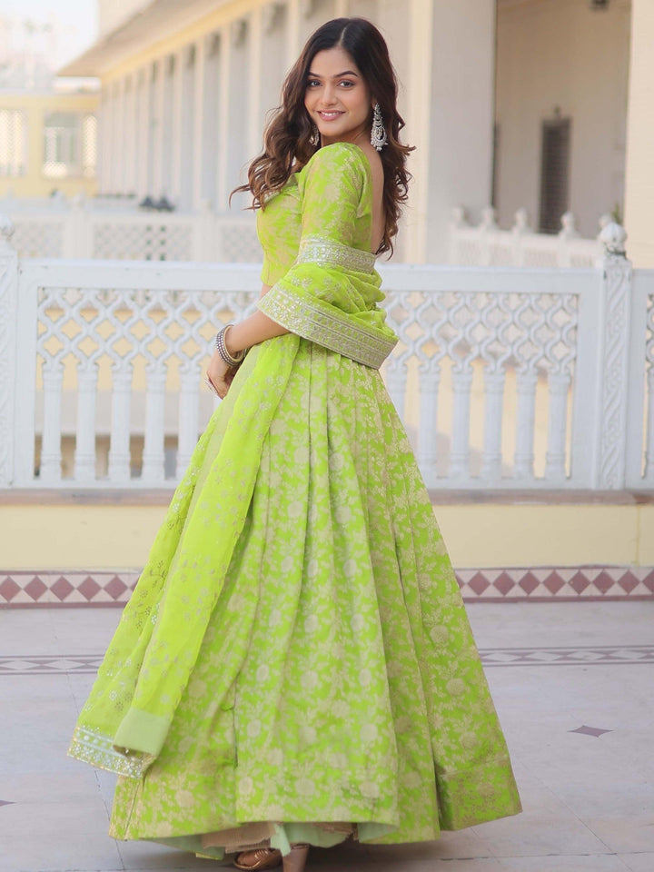 Green Jacquard Lehenga | Embroidered Choli and Sequined Dupatta