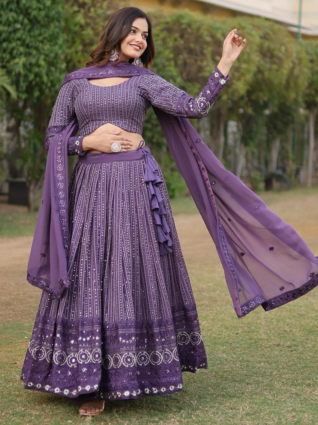 Purple Wedding Lehenga Set | Georgette Lehenga with Embroidery & Lace