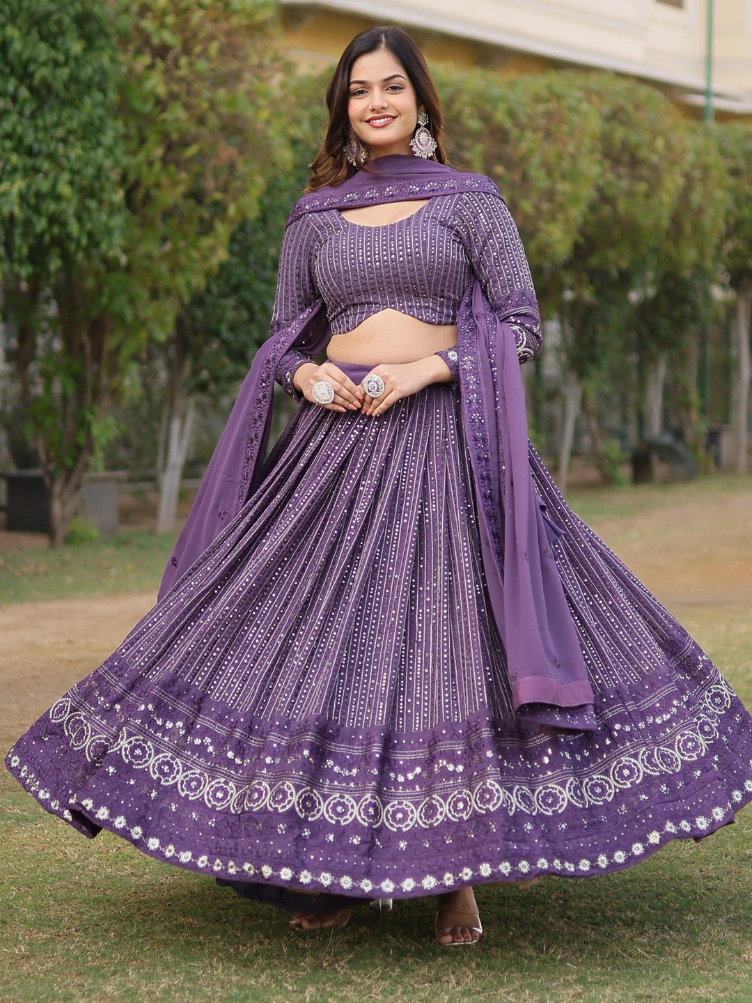 Purple Wedding Lehenga Set | Georgette Lehenga with Embroidery & Lace