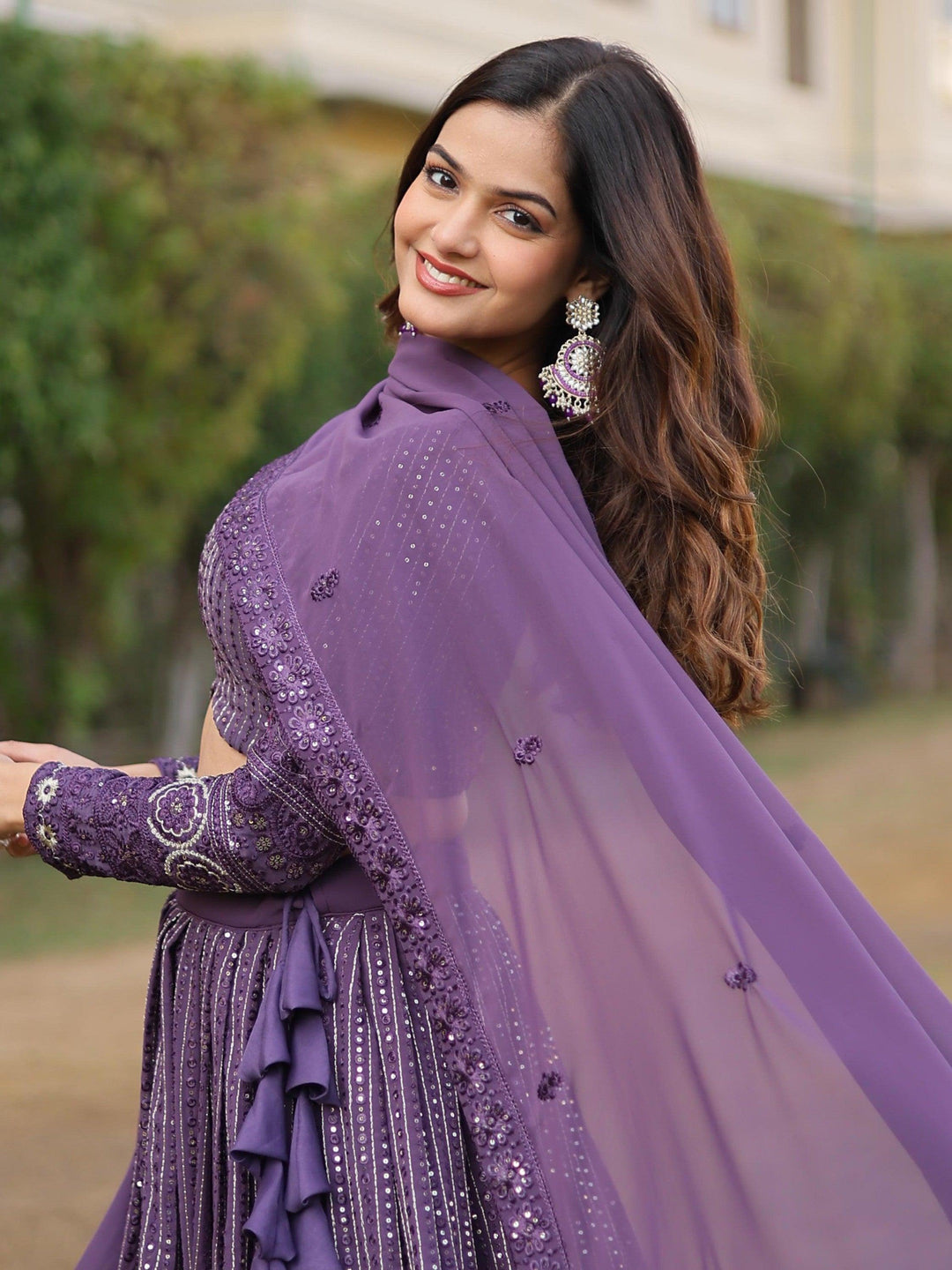 Purple Wedding Lehenga Set | Georgette Lehenga with Embroidery & Lace