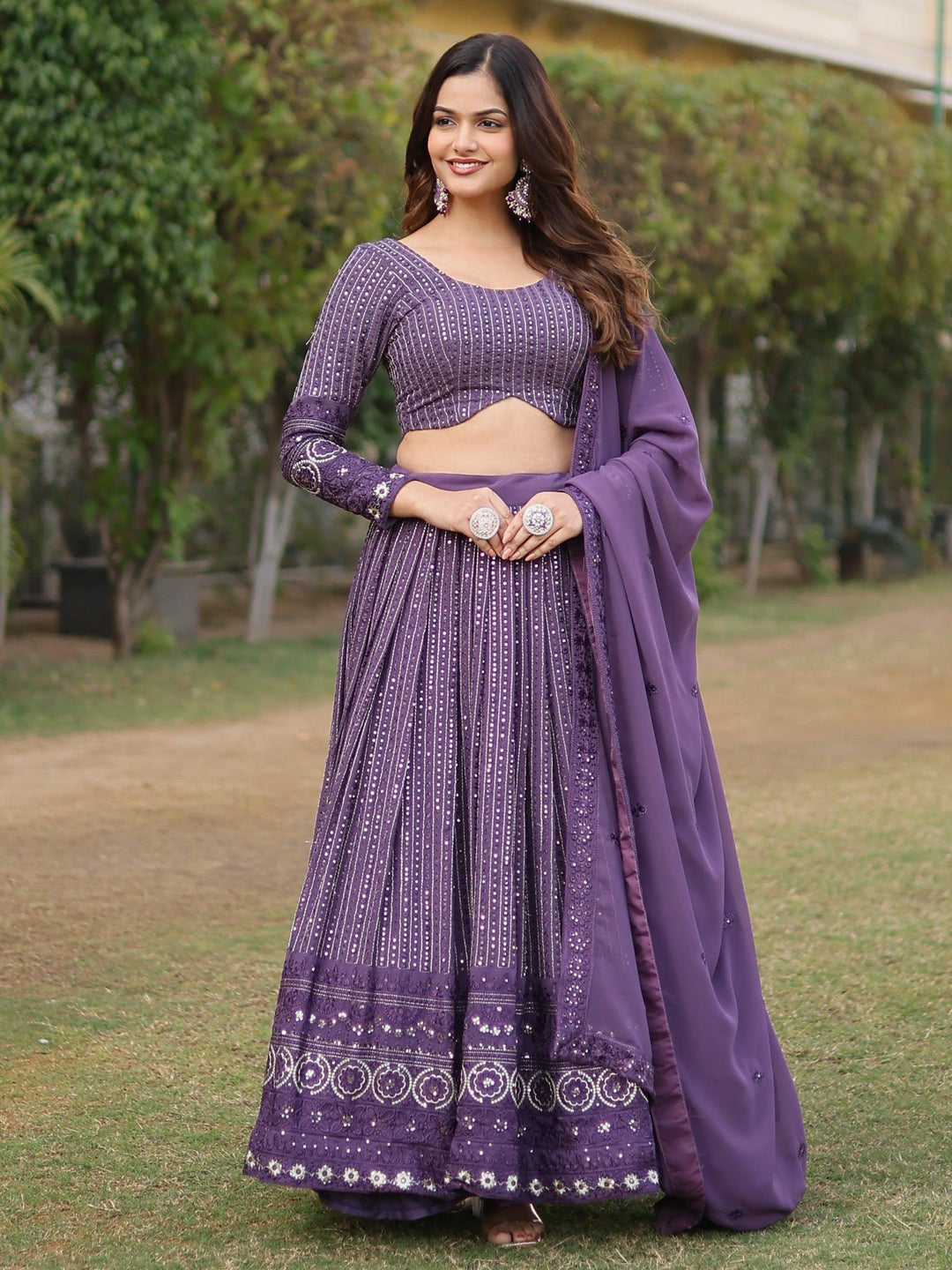 Purple Wedding Lehenga Set | Georgette Lehenga with Embroidery & Lace