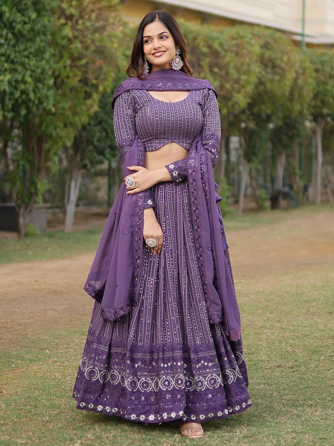 Purple Wedding Lehenga Set | Georgette Lehenga with Embroidery & Lace