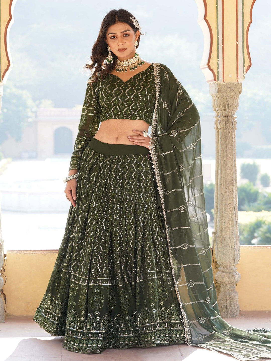 Chic Olive Green Sequins Lehenga | Elegant Function Wear with Dupatta