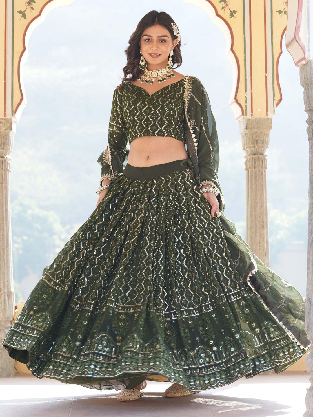 Chic Olive Green Sequins Lehenga | Elegant Function Wear with Dupatta