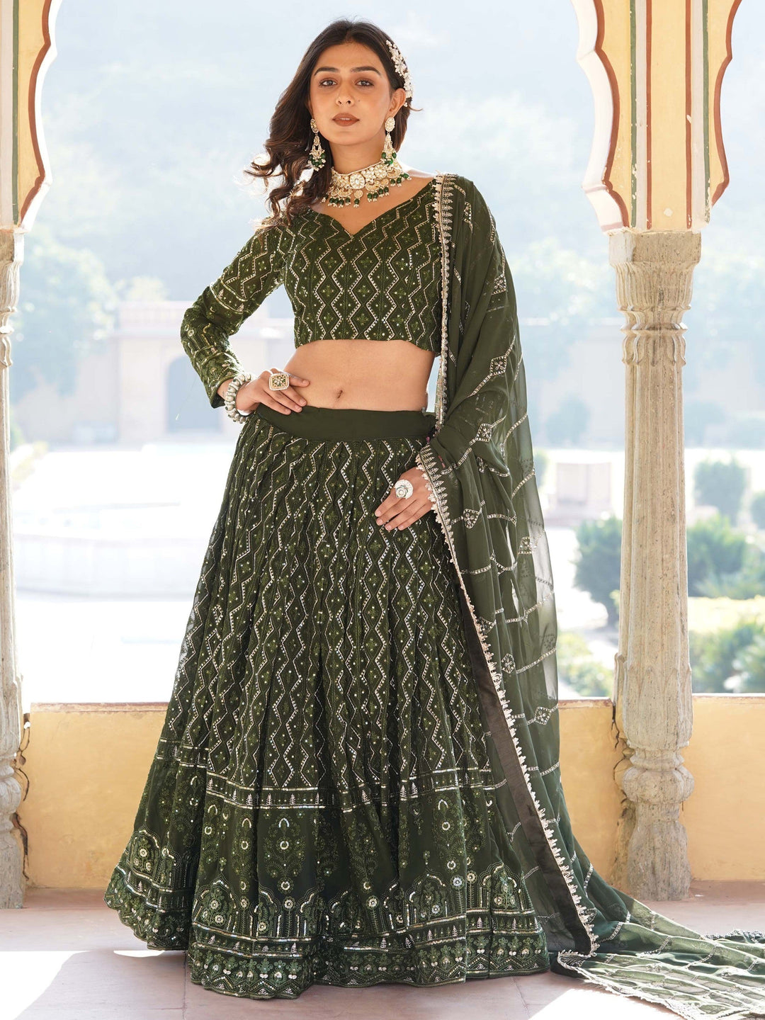 Chic Olive Green Sequins Lehenga | Elegant Function Wear with Dupatta