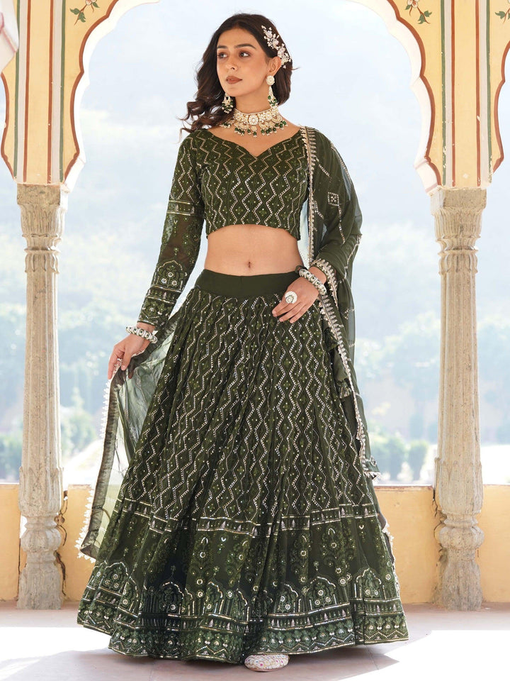 Chic Olive Green Sequins Lehenga | Elegant Function Wear with Dupatta