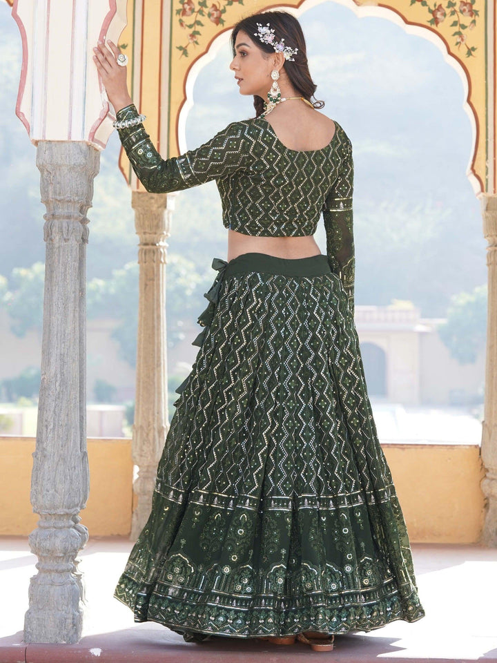 Chic Olive Green Sequins Lehenga | Elegant Function Wear with Dupatta