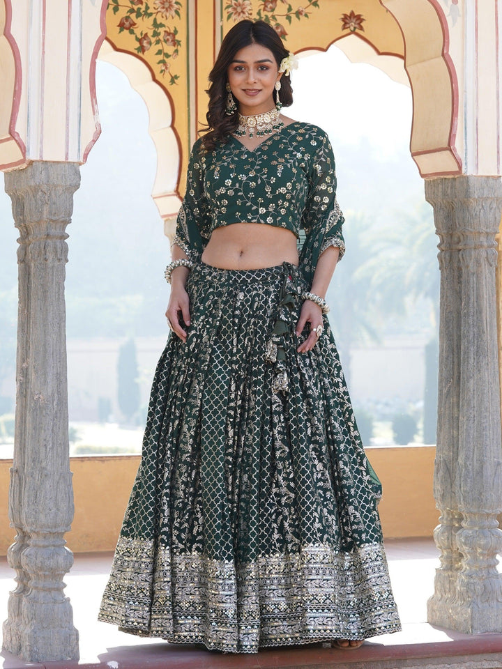 Elegant Green Jacquard Lehenga Choli with Sequin Detailing | Wedding & Festive Wear