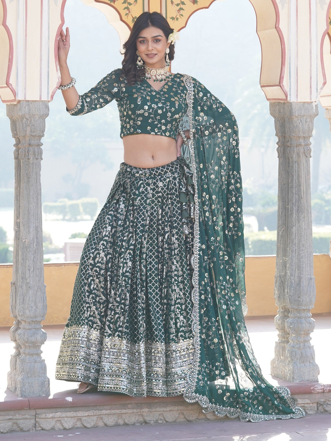 Elegant Green Jacquard Lehenga Choli with Sequin Detailing | Wedding & Festive Wear