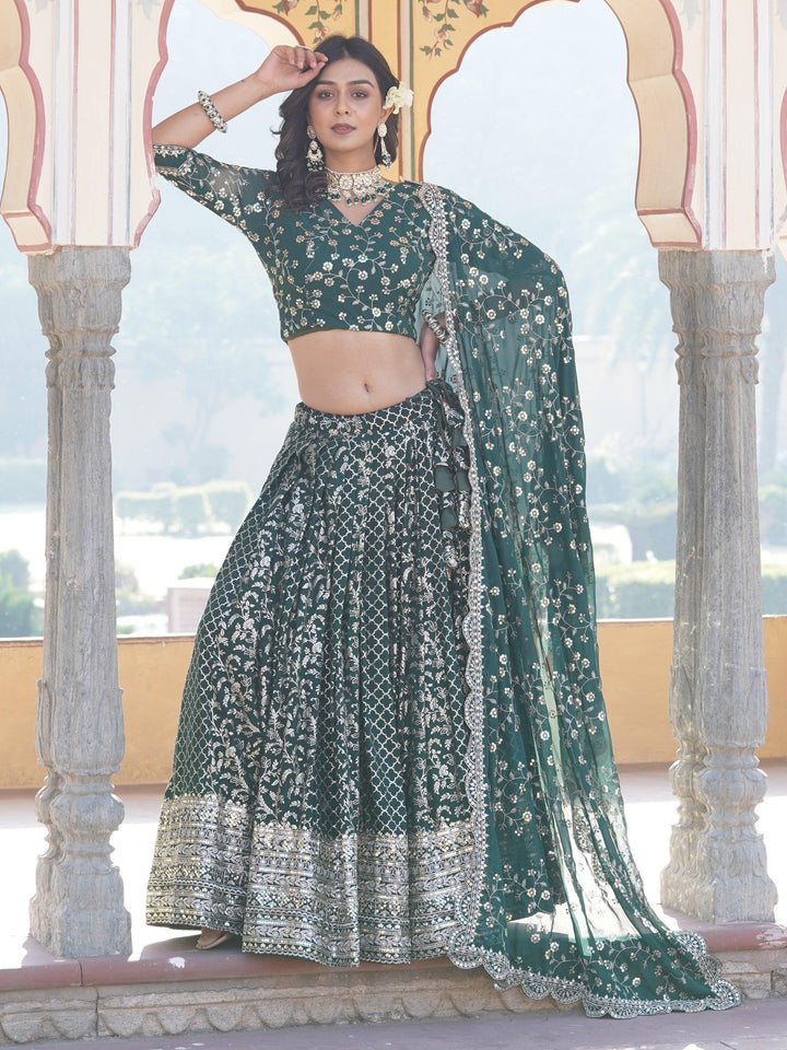 Elegant Green Jacquard Lehenga Choli with Sequin Detailing | Wedding & Festive Wear