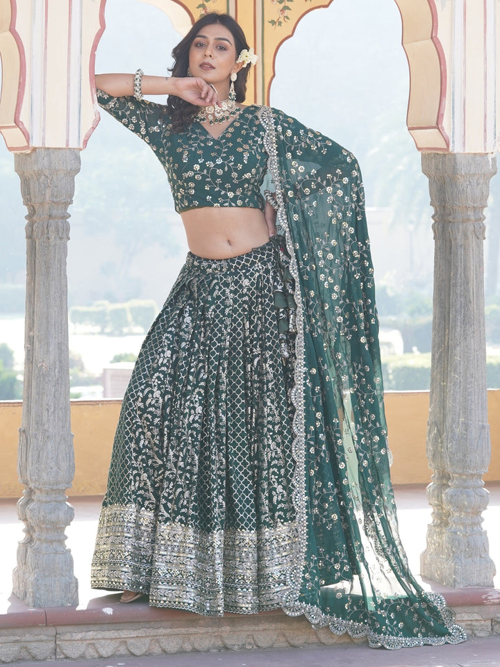 Elegant Green Jacquard Lehenga Choli with Sequin Detailing | Wedding & Festive Wear