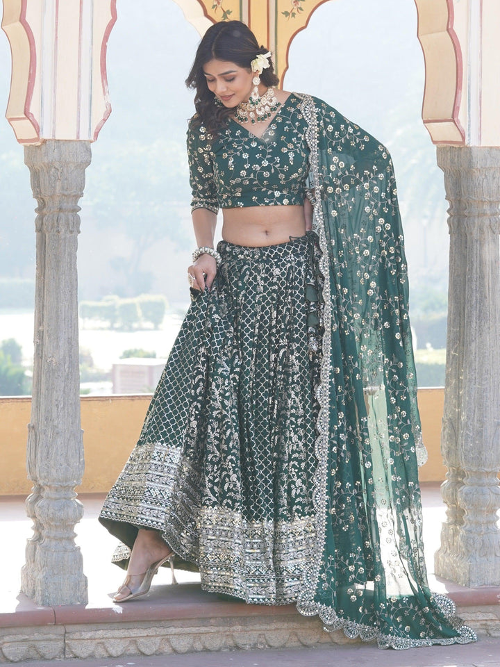 Elegant Green Jacquard Lehenga Choli with Sequin Detailing | Wedding & Festive Wear