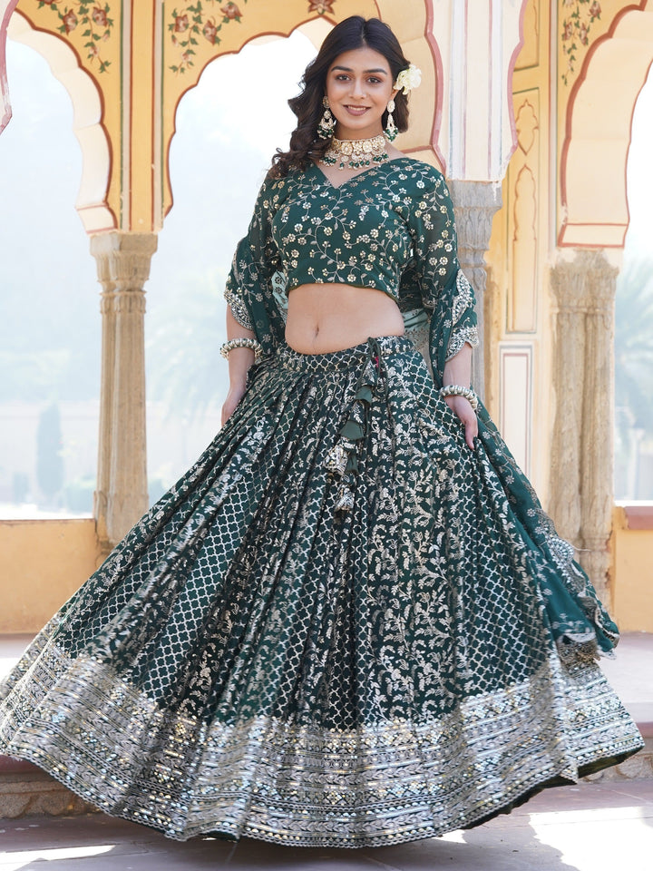 Elegant Green Jacquard Lehenga Choli with Sequin Detailing | Wedding & Festive Wear