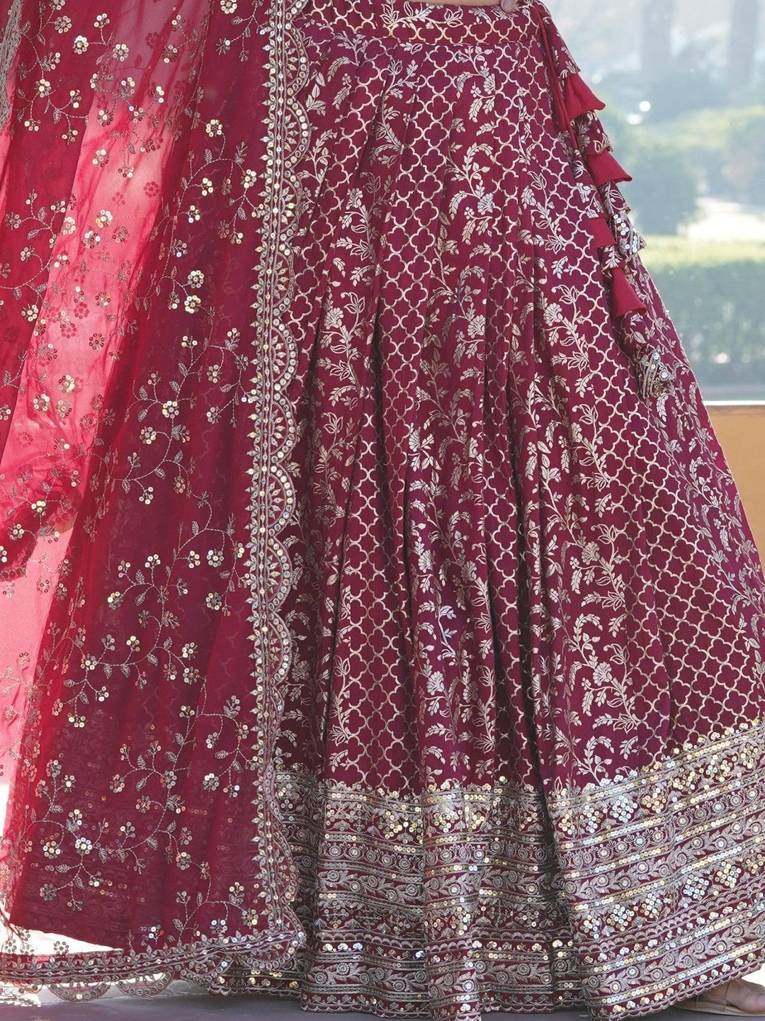 Party Wear Lehenga | Elegant Rani Pink Jacquard Lehenga Choli Set