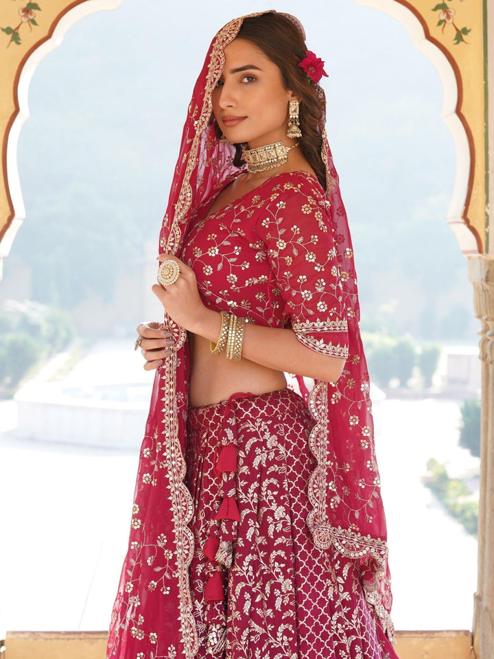 Party Wear Lehenga | Elegant Rani Pink Jacquard Lehenga Choli Set