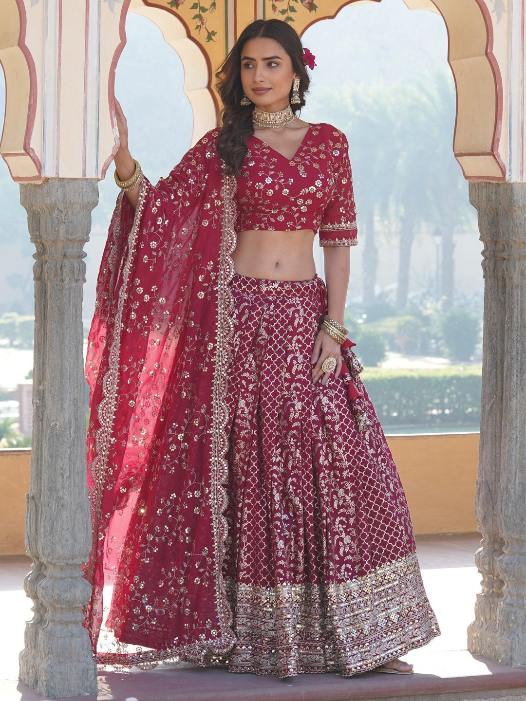 Party Wear Lehenga | Elegant Rani Pink Jacquard Lehenga Choli Set