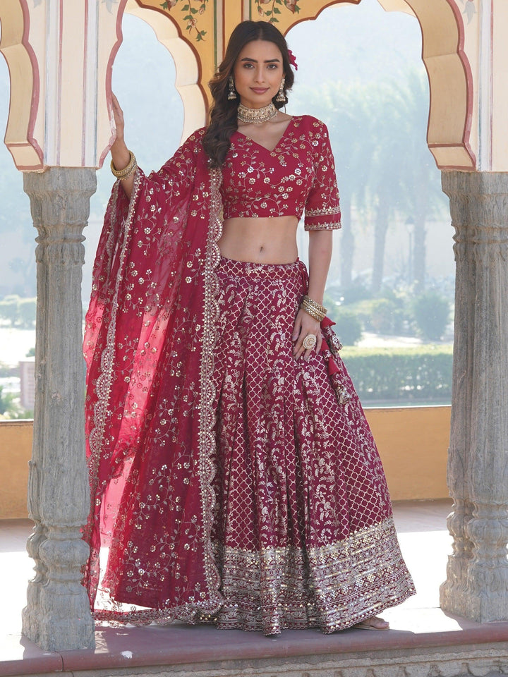 Party Wear Lehenga | Elegant Rani Pink Jacquard Lehenga Choli Set