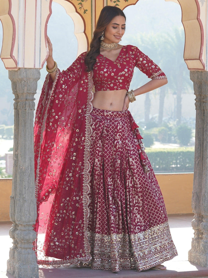 Party Wear Lehenga | Elegant Rani Pink Jacquard Lehenga Choli Set