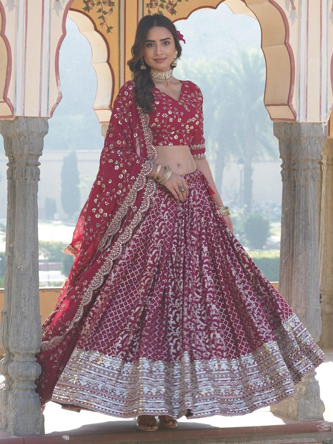 Party Wear Lehenga | Elegant Rani Pink Jacquard Lehenga Choli Set