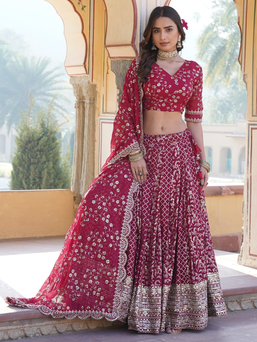 Party Wear Lehenga | Elegant Rani Pink Jacquard Lehenga Choli Set