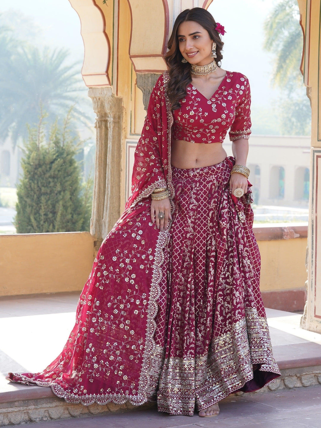 Party Wear Lehenga | Elegant Rani Pink Jacquard Lehenga Choli Set