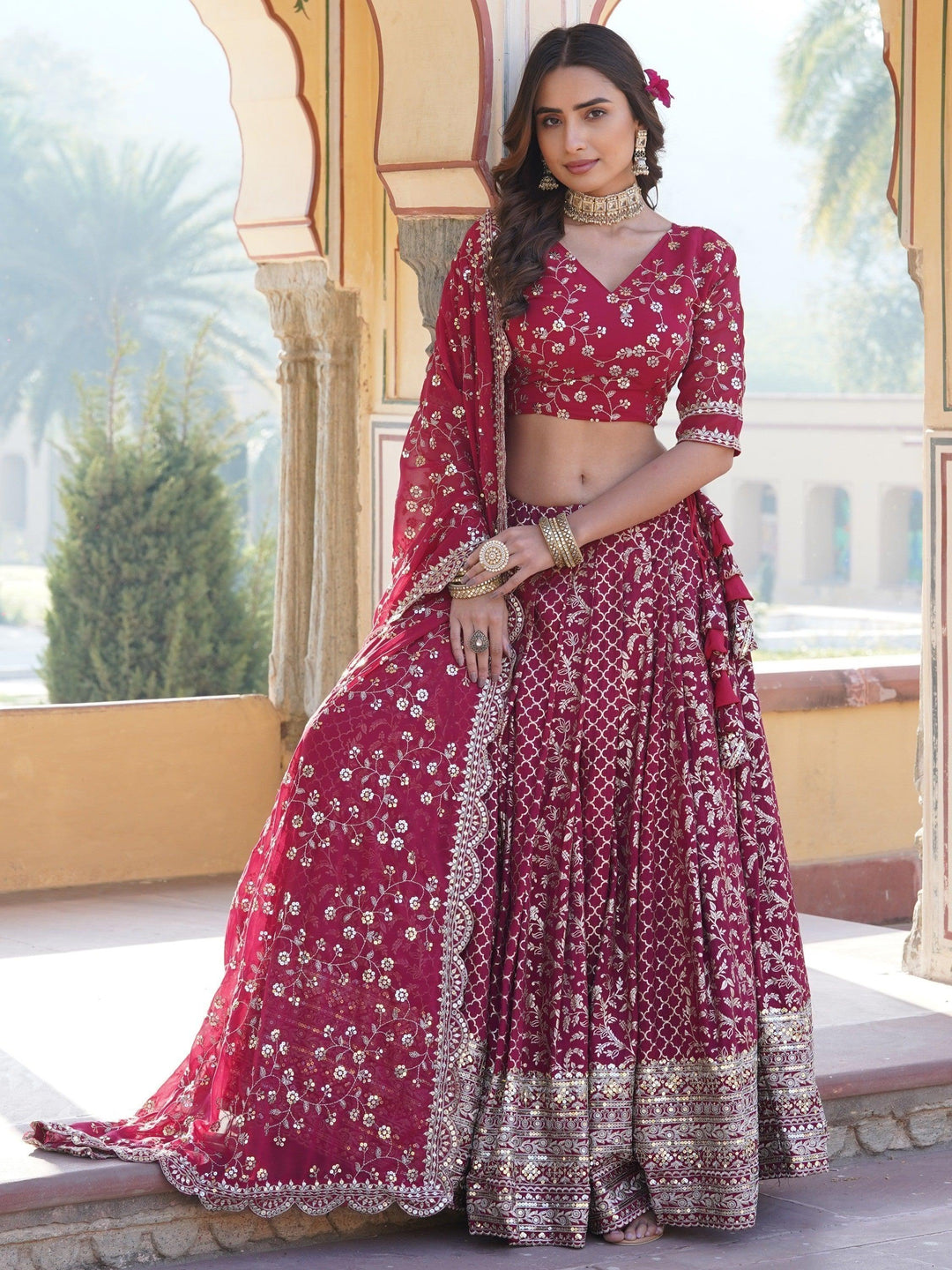 Party Wear Lehenga | Elegant Rani Pink Jacquard Lehenga Choli Set