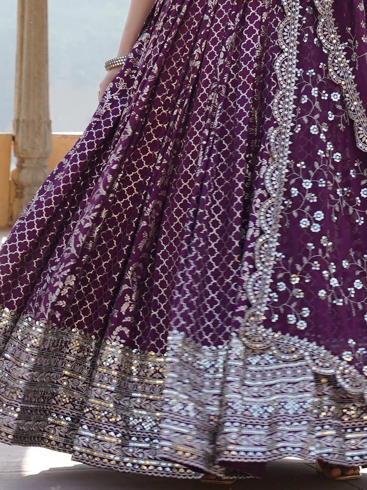 Custom Wine Lehenga | Jacquard Lehenga Choli Set with Can-Can & Dupatta