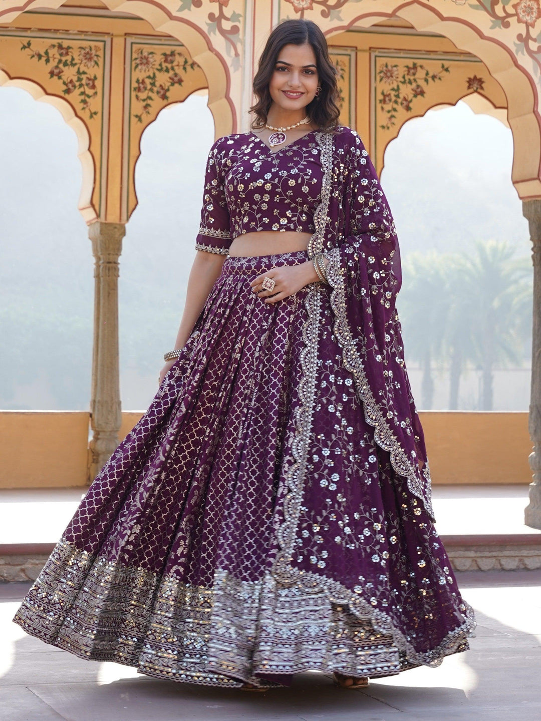 Custom Wine Lehenga | Jacquard Lehenga Choli Set with Can-Can & Dupatta