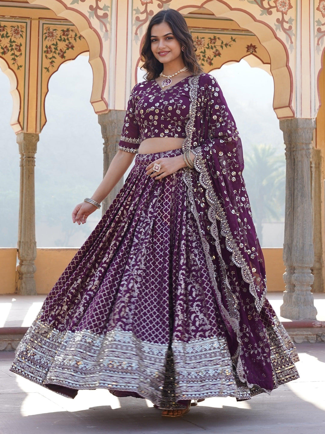 Custom Wine Lehenga | Jacquard Lehenga Choli Set with Can-Can & Dupatta