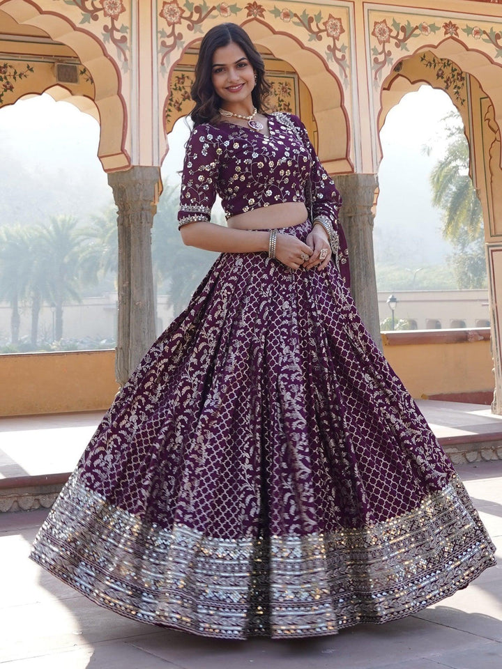 Custom Wine Lehenga | Jacquard Lehenga Choli Set with Can-Can & Dupatta