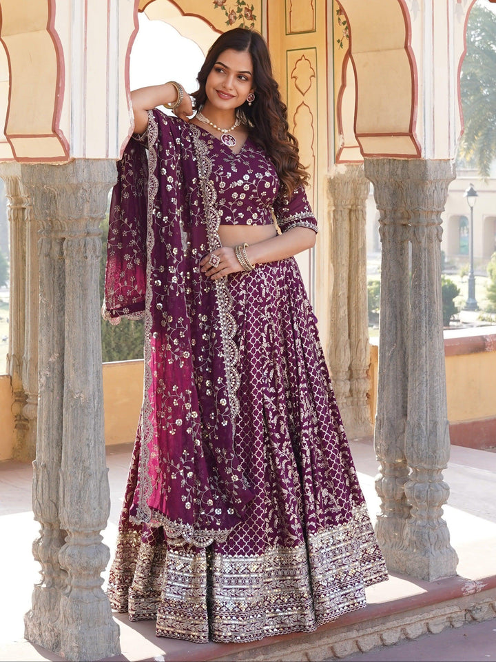 Custom Wine Lehenga | Jacquard Lehenga Choli Set with Can-Can & Dupatta