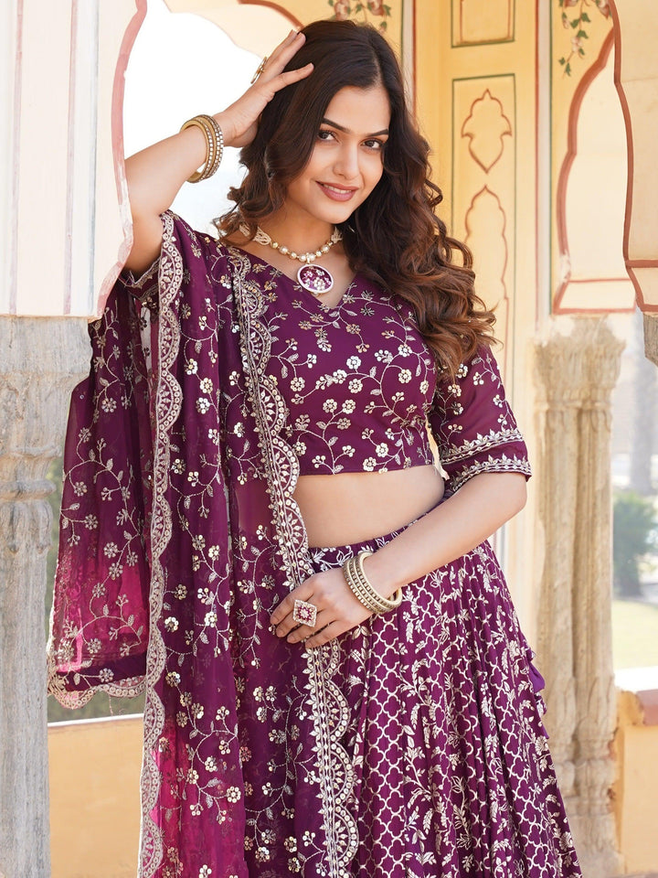 Custom Wine Lehenga | Jacquard Lehenga Choli Set with Can-Can & Dupatta