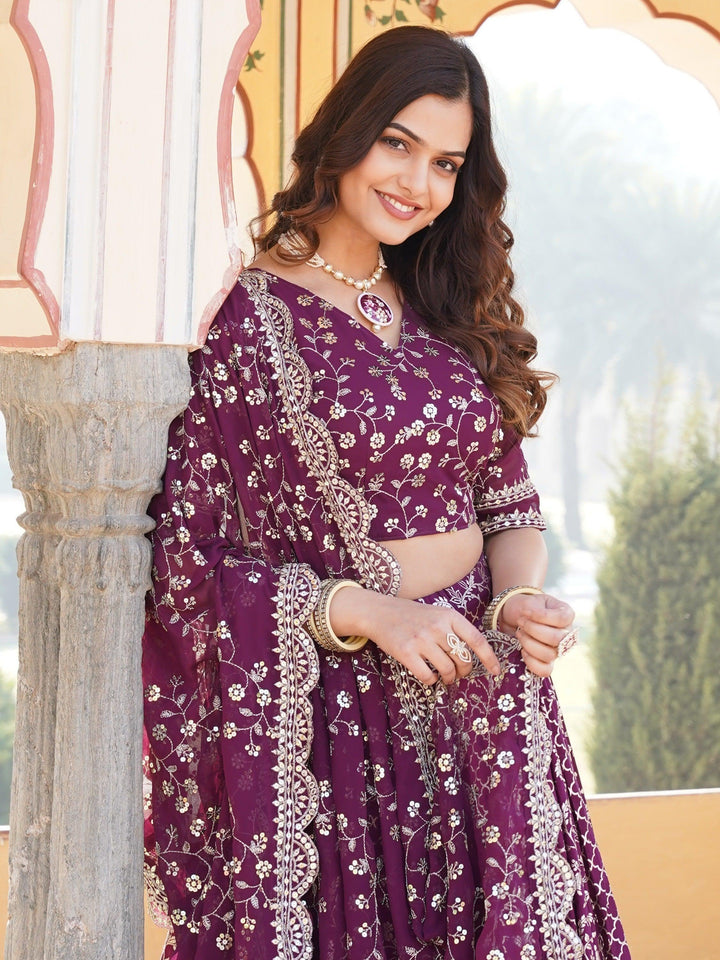 Custom Wine Lehenga | Jacquard Lehenga Choli Set with Can-Can & Dupatta