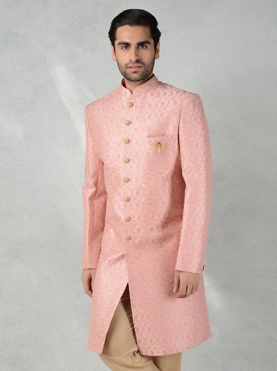 Stylish silk blend Indo Western set in Pink, featuring exquisite gold embroidery for a standout look.