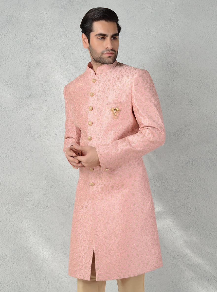 Perfect for grooms, this Pink Indo Western set pairs beautifully with churidars and mojris for USA weddings.