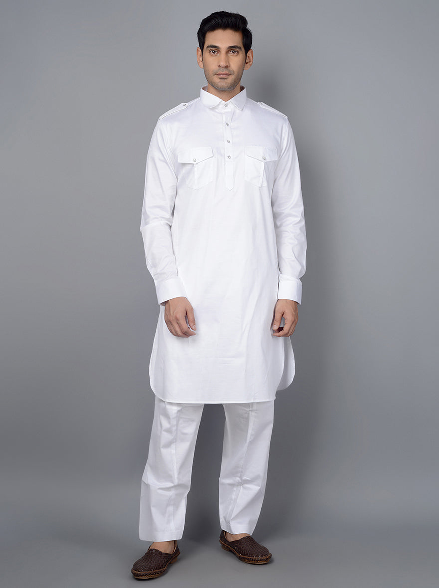 Classic white Pathani made from luxurious cotton satin, designed for style and comfort at any event in the USA.