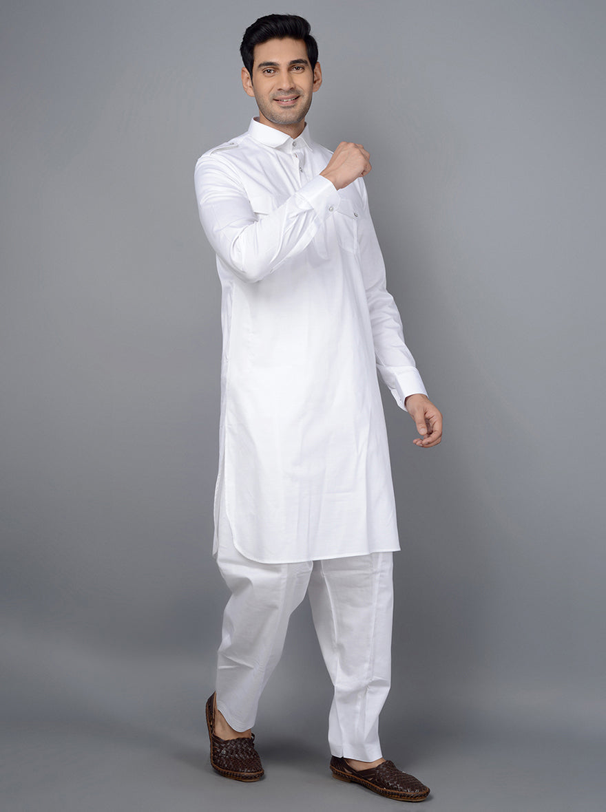 Stylish white Pathani featuring premium cotton satin, ideal for enhancing your wardrobe for various occasions in the USA.