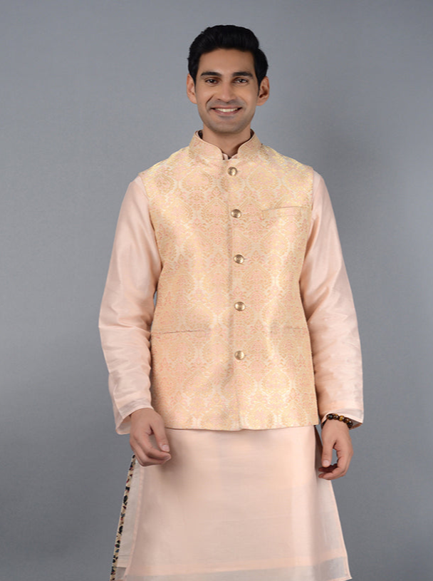 Designer Bandhgala for Men | Cream & Peach Silk Nehru Jacket