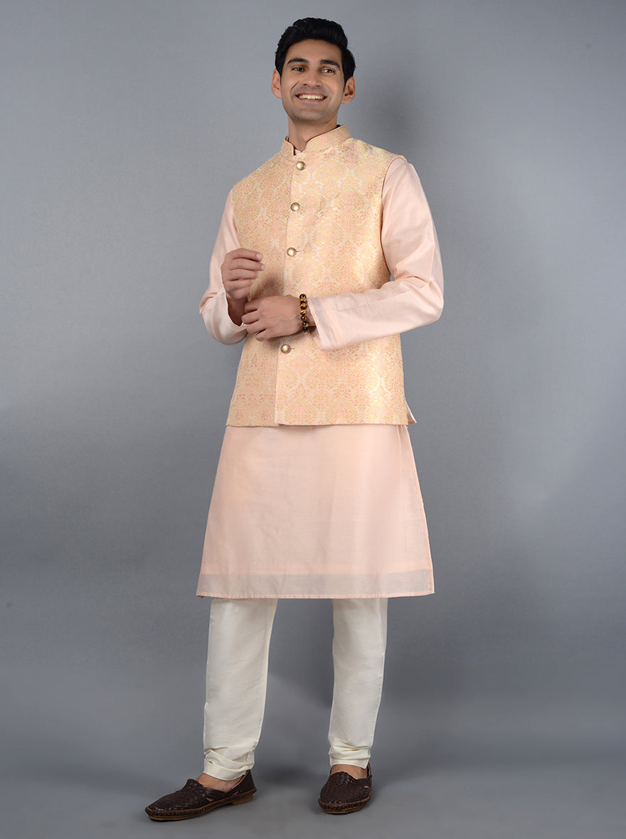 Designer Bandhgala for Men | Cream & Peach Silk Nehru Jacket