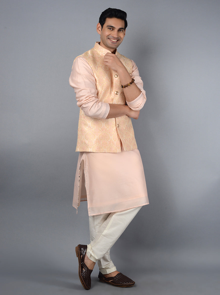 Designer Bandhgala for Men | Cream & Peach Silk Nehru Jacket