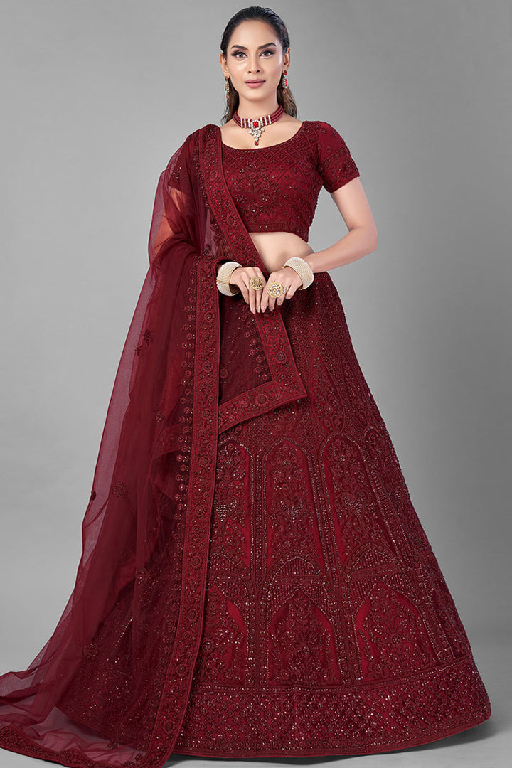 Stunning Red Soft Net Lehenga | Intricate Zarkan & Dori Embellishments