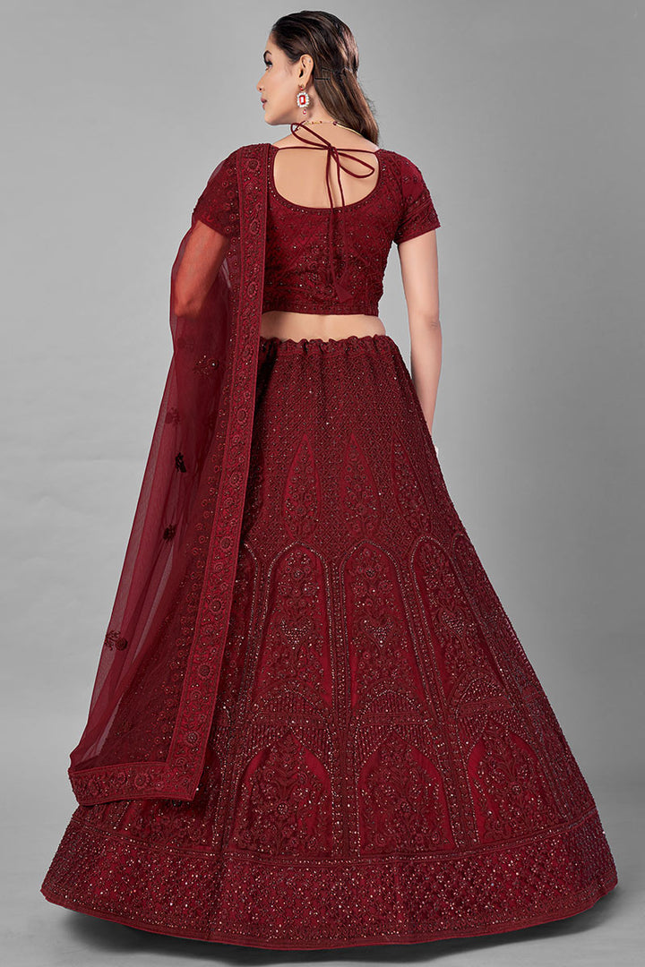 Stunning Red Soft Net Lehenga | Intricate Zarkan & Dori Embellishments