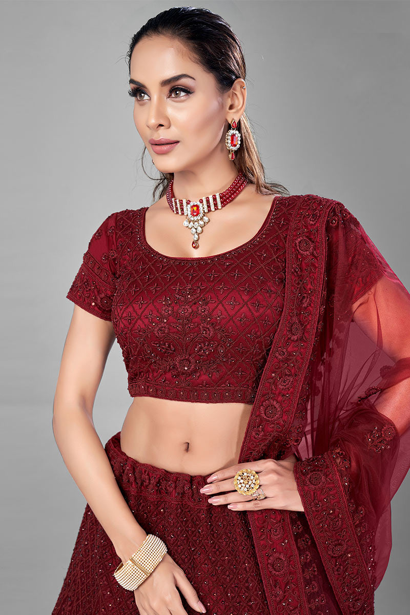 Stunning Red Soft Net Lehenga | Intricate Zarkan & Dori Embellishments