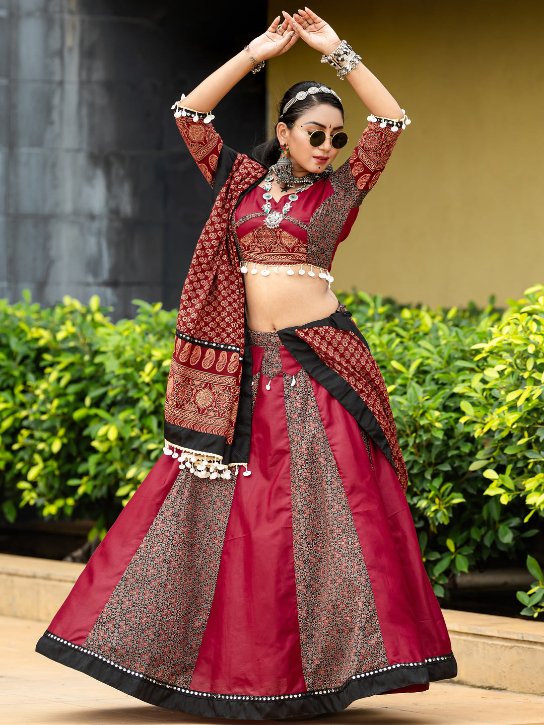 Dazzling Maroon Printed Cotton Navratri Lehenga Choli With Dupatta